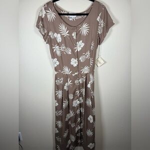 Vtg Apart Impressions Midi Dress 14 Womans Brown Floral Short Sleeve Hawaiian